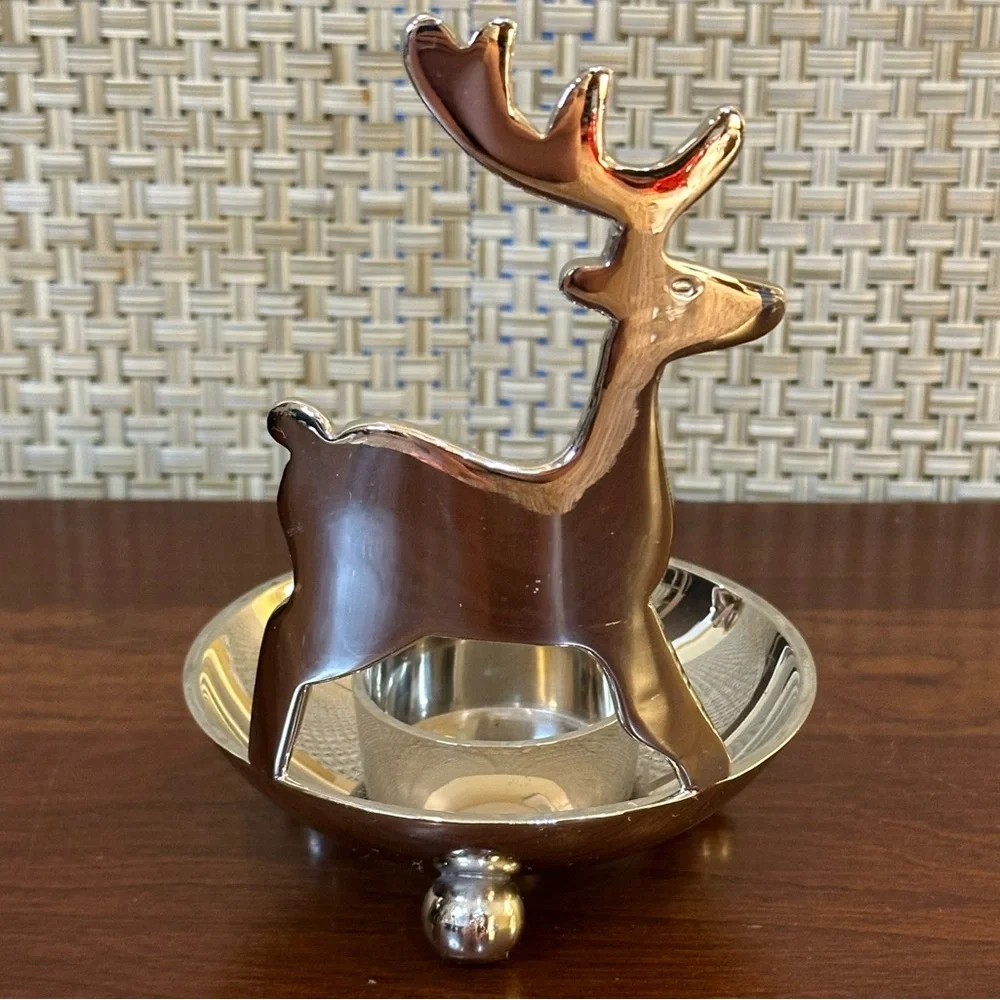 🎄Crate & Barrel Silver Tone Reindeer Votive Tea Light Candle Holder Ball Feet